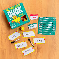 Gray Matters Games Rhymes with Duck card draw highlights fast rhyming challenges.