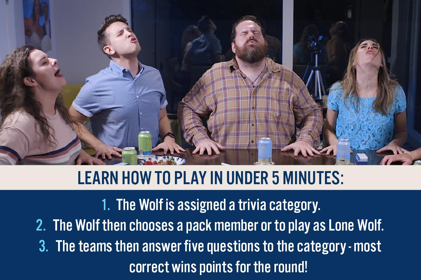 Gray Matters Games The Game of Wolf table action brings friends together for interactive trivia.