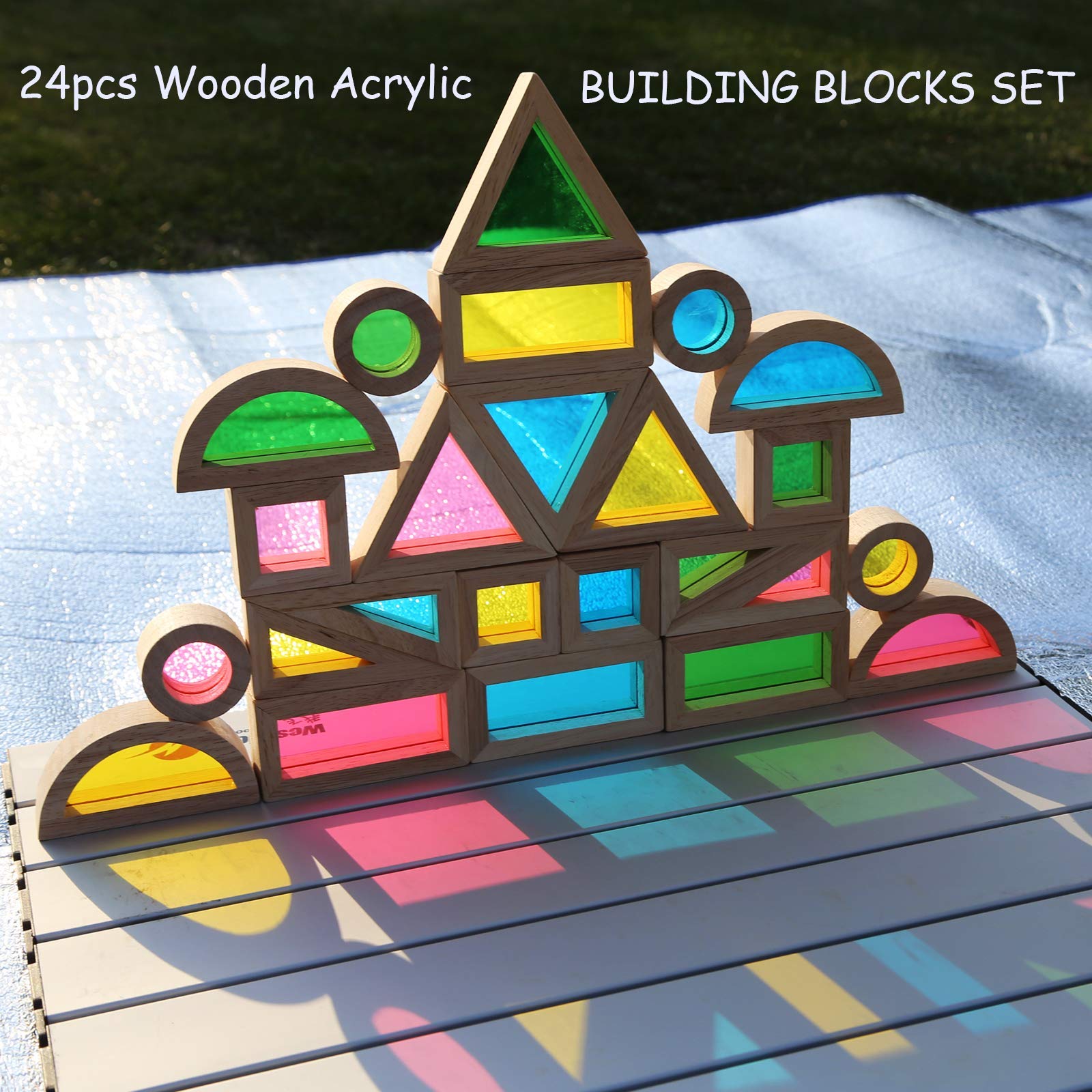 Gray Orange rainbow blocks arranged to encourage color and shape recognition.