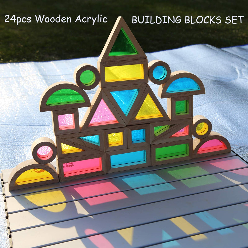 Gray Orange rainbow blocks arranged to encourage color and shape recognition.