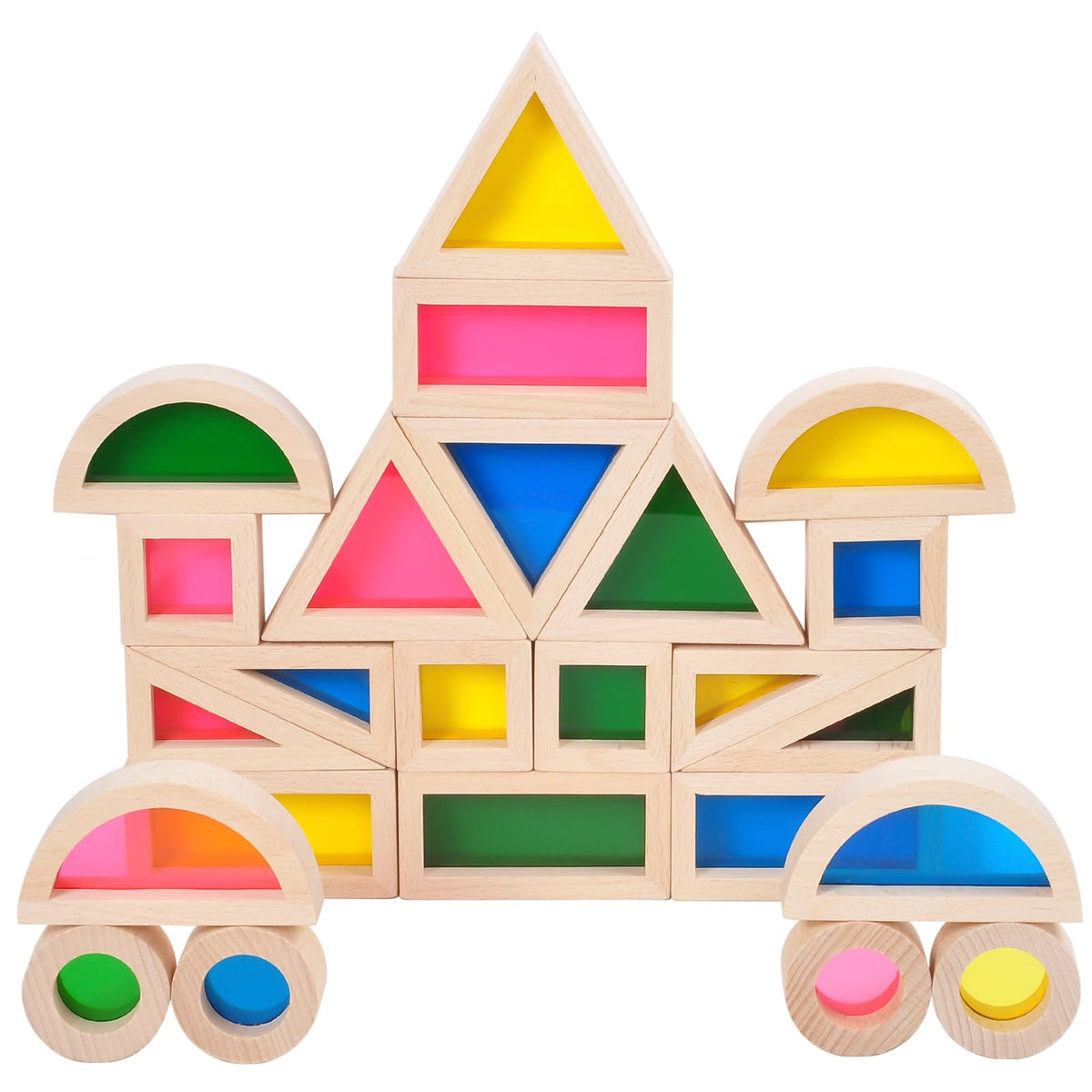 Gray Orange wood blocks set for toddlers with rainbow colors supporting hands-on learning.
