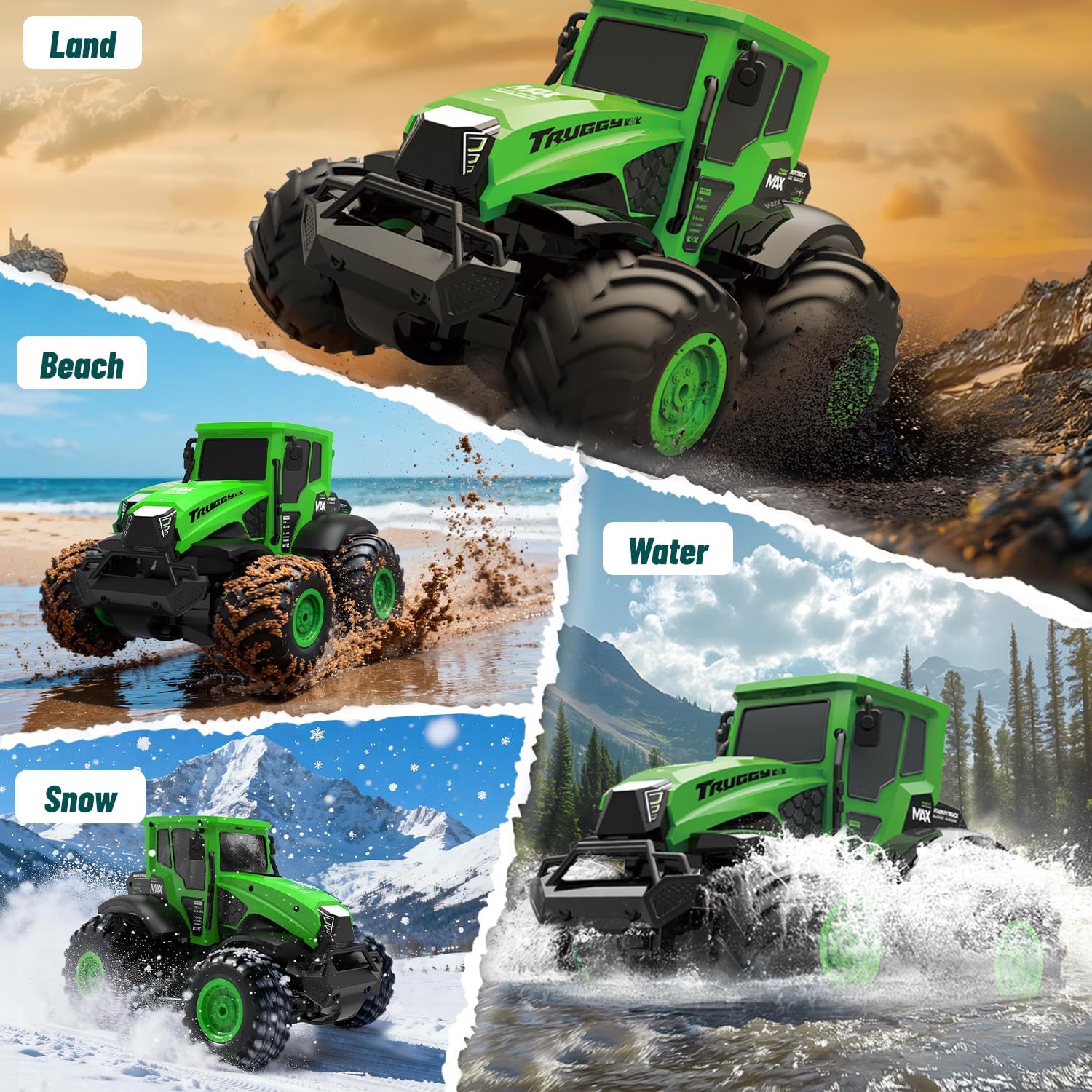Great Dachong rc truck puddle-play image showcasing waterproof design for outdoor exploration.