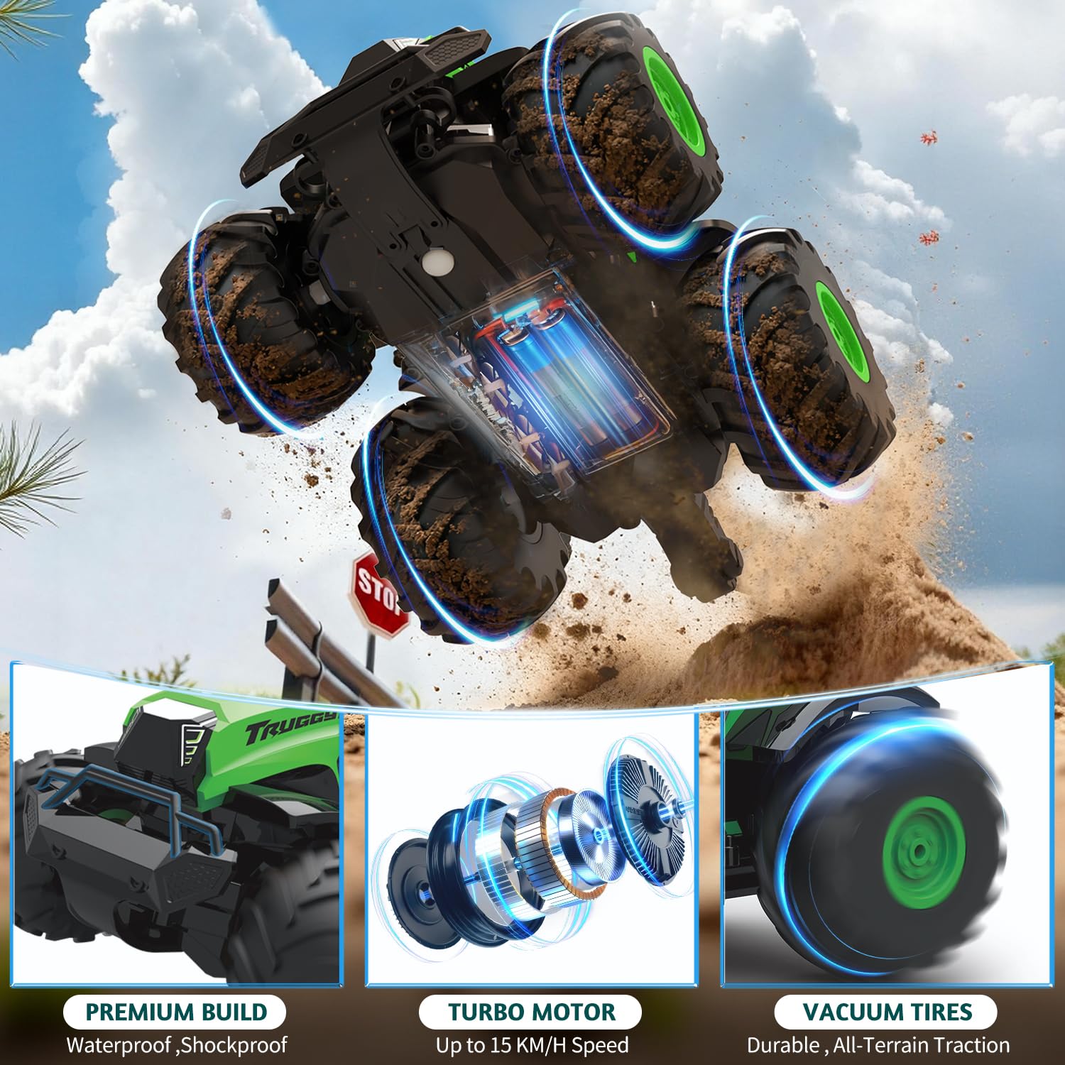 Great Dachong 2.4GHz remote controller ensures reliable range and smooth driving.