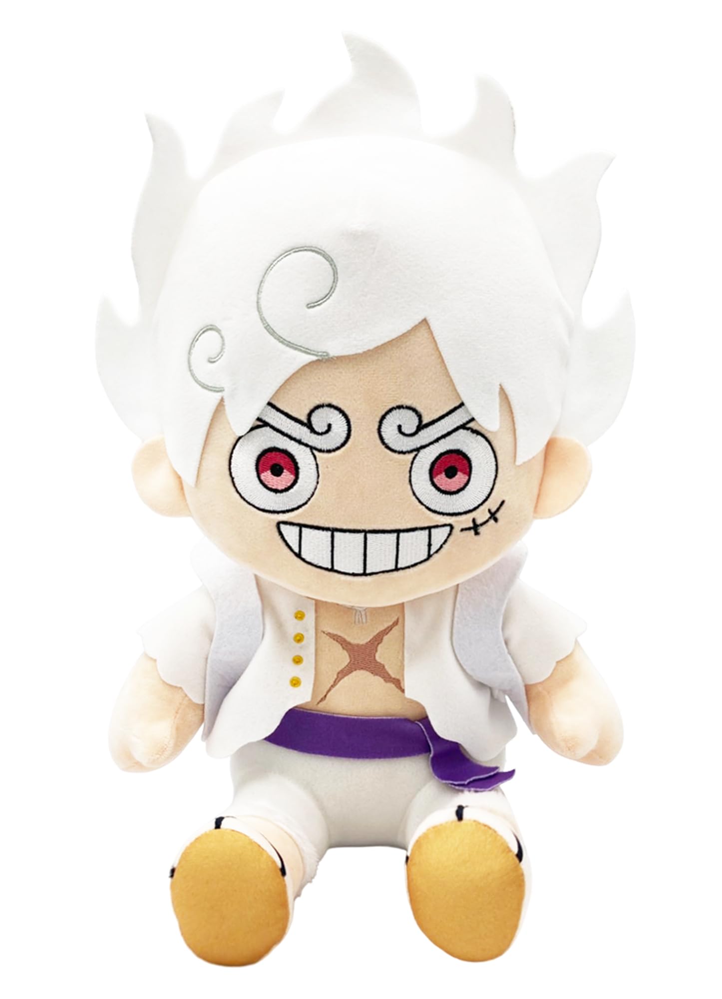 Great Eastern Entertainment One Piece Luffy Gear 5 plush in grin sitting pose; ideal desk or shelf decor.