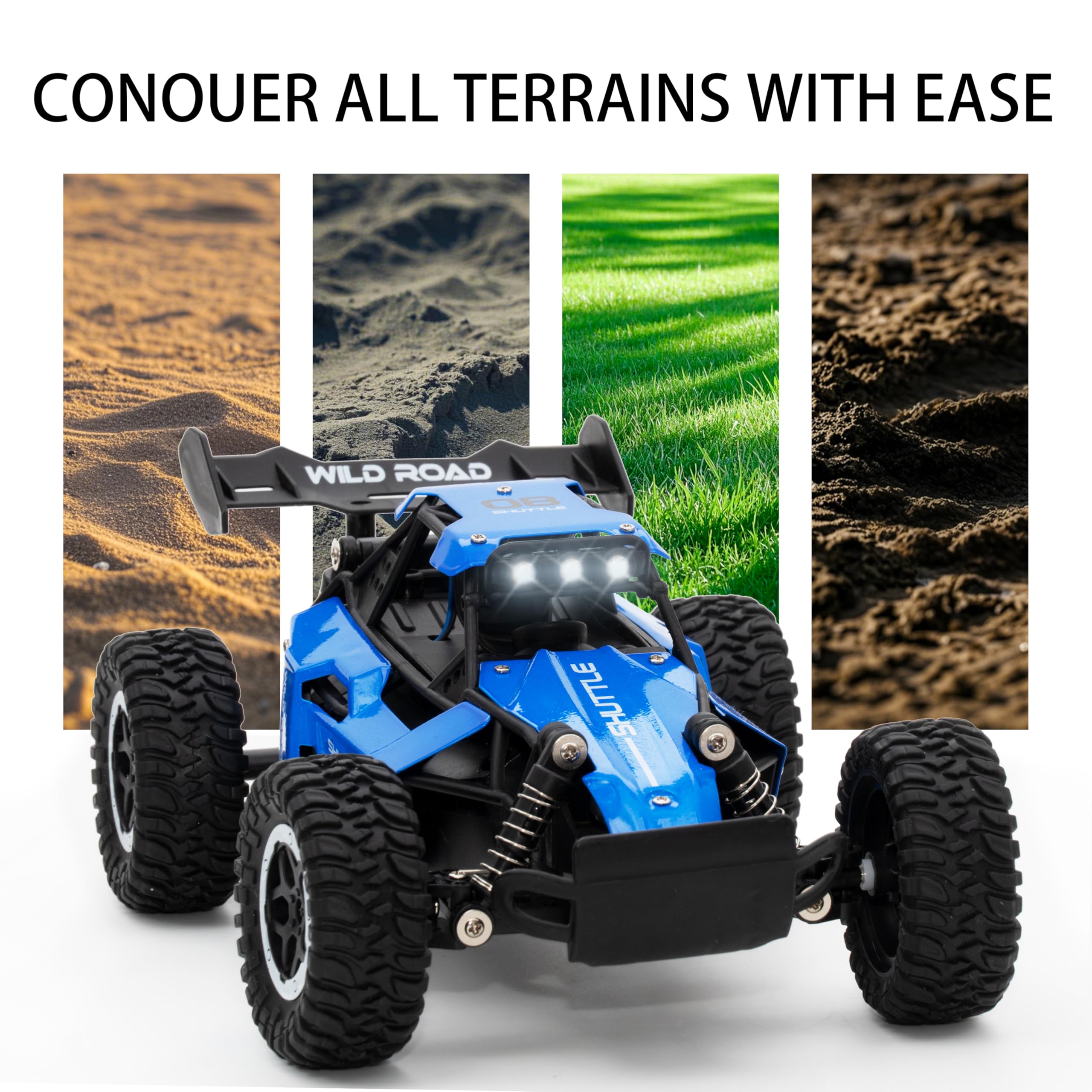 Great-JUNAMT RC Car wide tires offer strong grip on rough terrain.