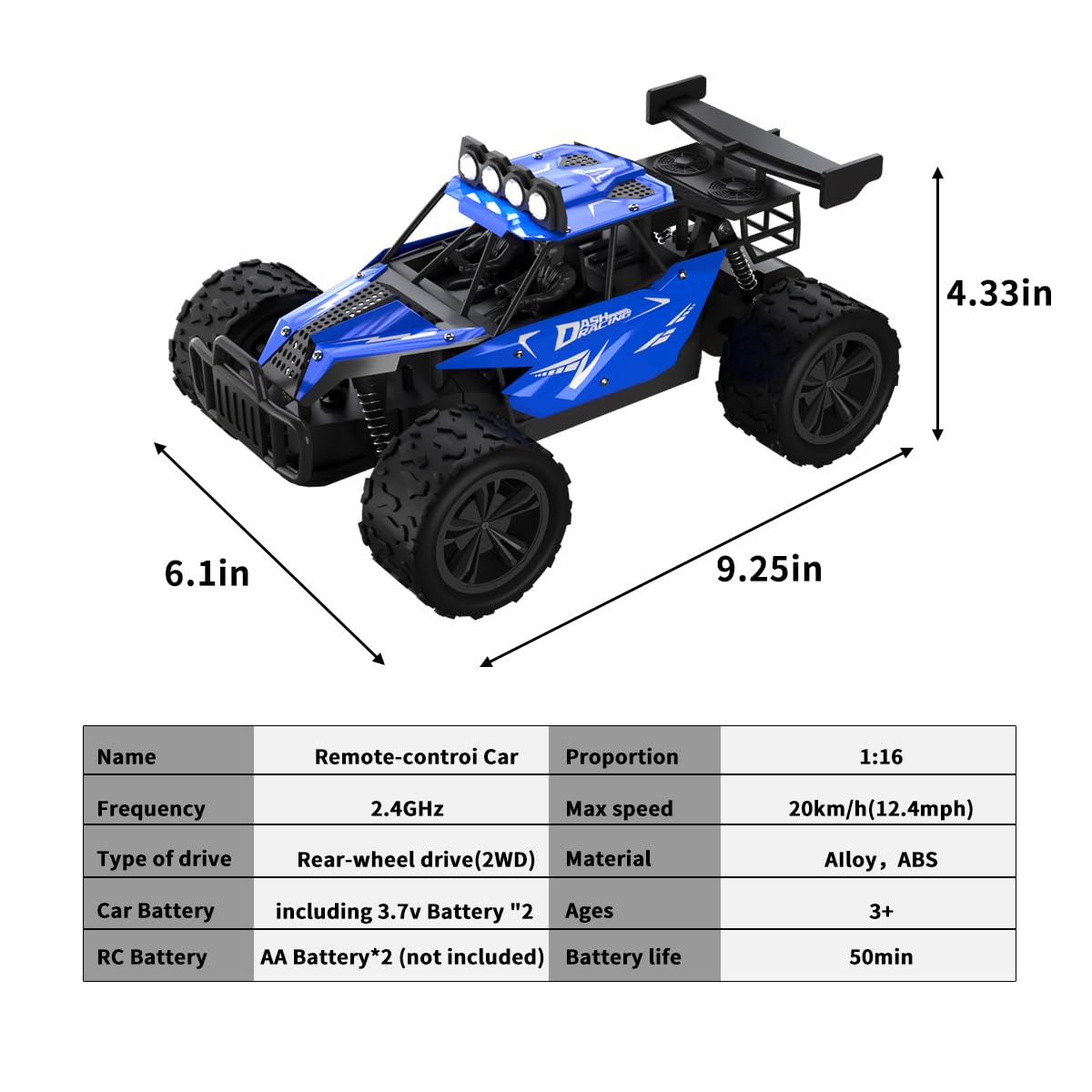 Great-JUNAMT RC monster truck blue side view highlighting rugged chassis for outdoor use