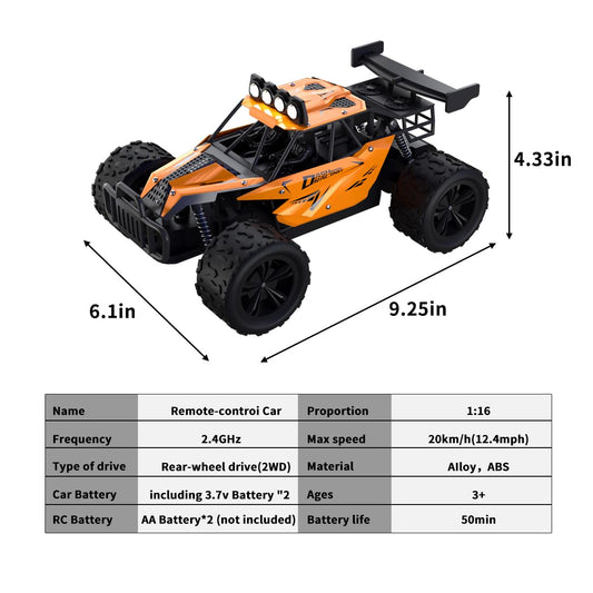 Great-JUNAMT 1:16 scale RC car showing its 2.4GHz remote and range
