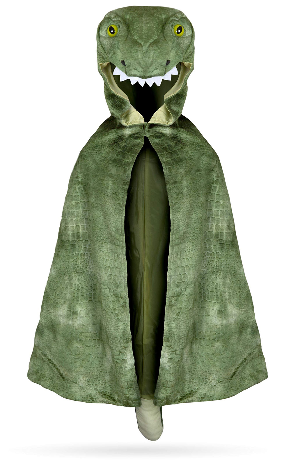 Great Pretenders T-Rex Hooded Cape front view shows textured velour for imaginative play.
