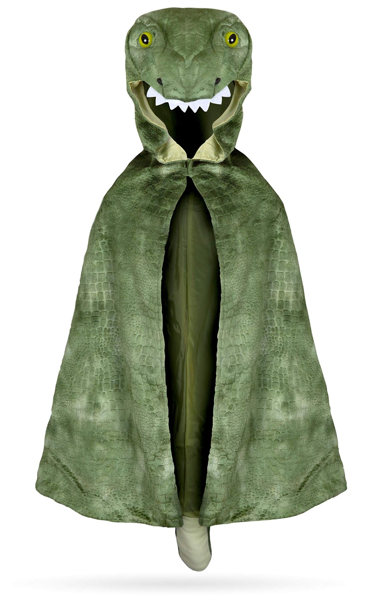 Great Pretenders T-Rex Hooded Cape front view shows textured velour for imaginative play.