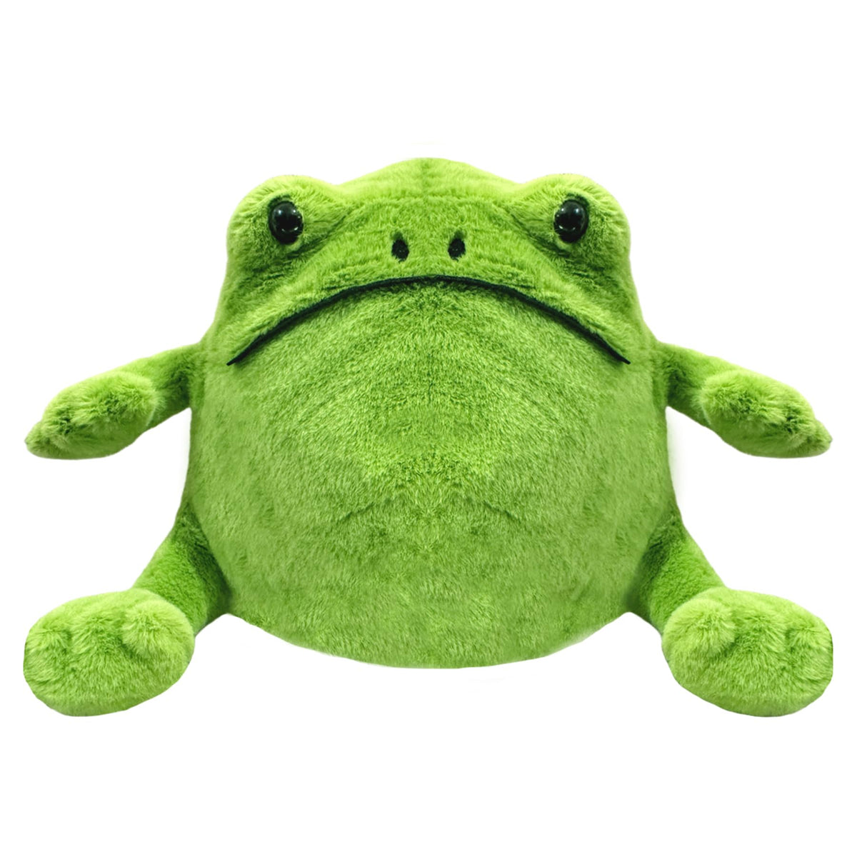 Green Frog stuffed animal face detail with friendly eyes for comforting play