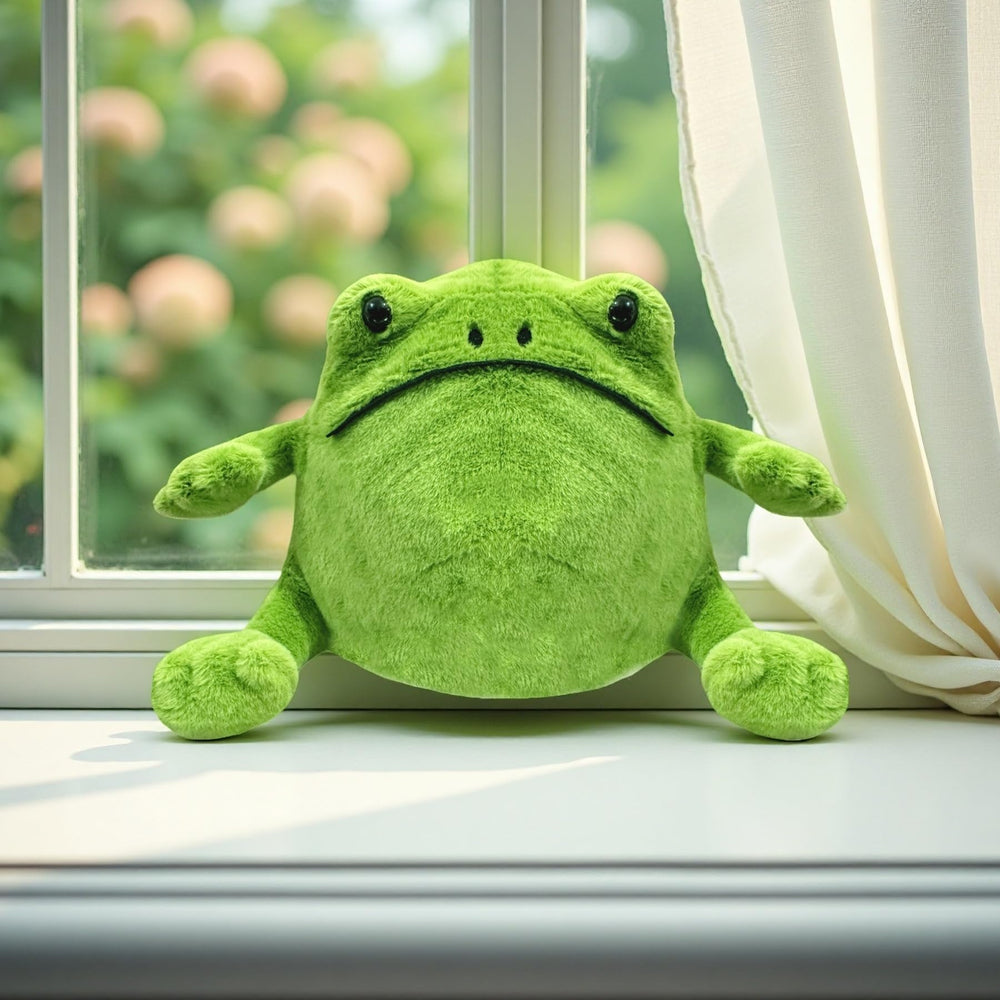 Green Frog stuffed animal front view shows soft plush exterior