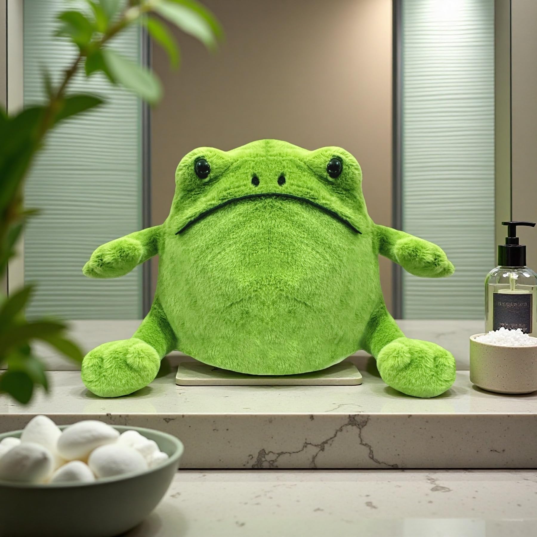 Green Frog stuffed animal hug closeup emphasizes plush softness