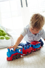 Green Toys Train Blue dishwasher-safe icon emphasizes easy cleaning after playtime.