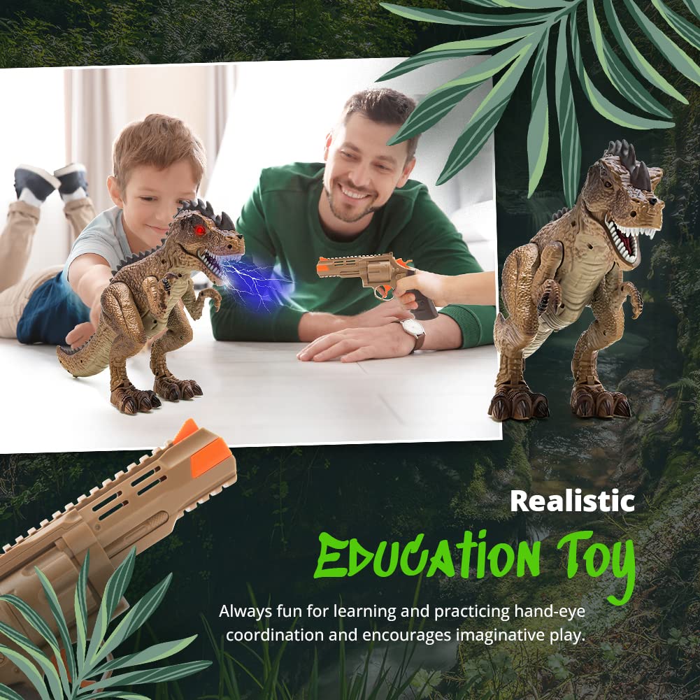 Greenbo robot dinosaur toy with red laser eyes enhances dramatic play.