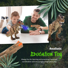 Greenbo robot dinosaur toy with red laser eyes enhances dramatic play.