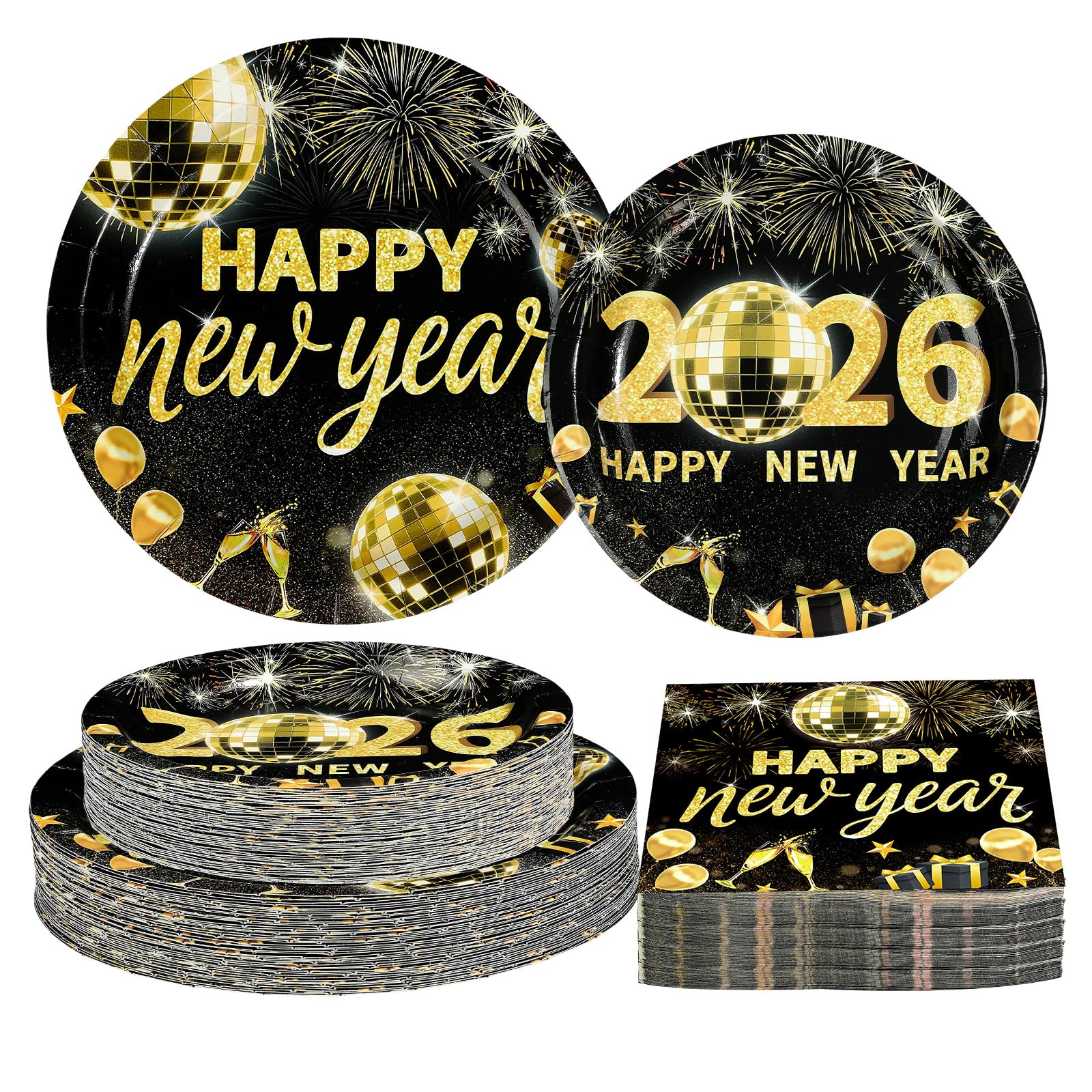 Greencian 2026 New Year plates set in black and gold for festive table setup.