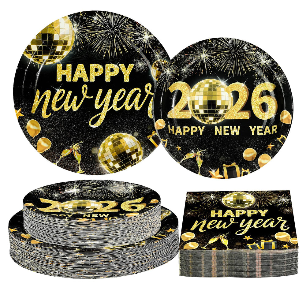 Greencian 2026 New Year plates set in black and gold for festive table setup.