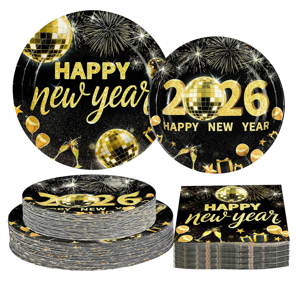 Greencian 2026 New Year plates set in black and gold for festive table setup.