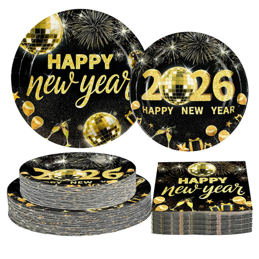 Greencian 2026 New Year plates set in black and gold for festive table setup.