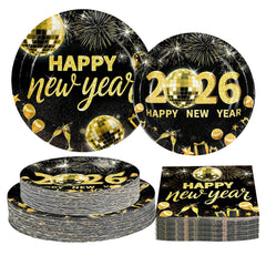 Greencian 2026 New Year plates set in black and gold for festive table setup.