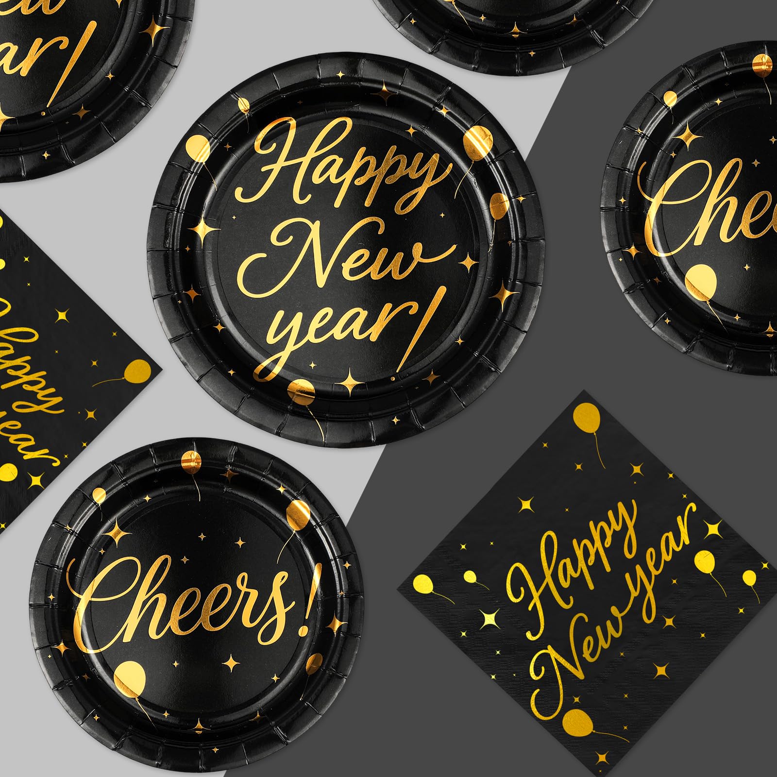 Greencian black gold New Year plates 7-inch, elegant, ideal for appetizers.