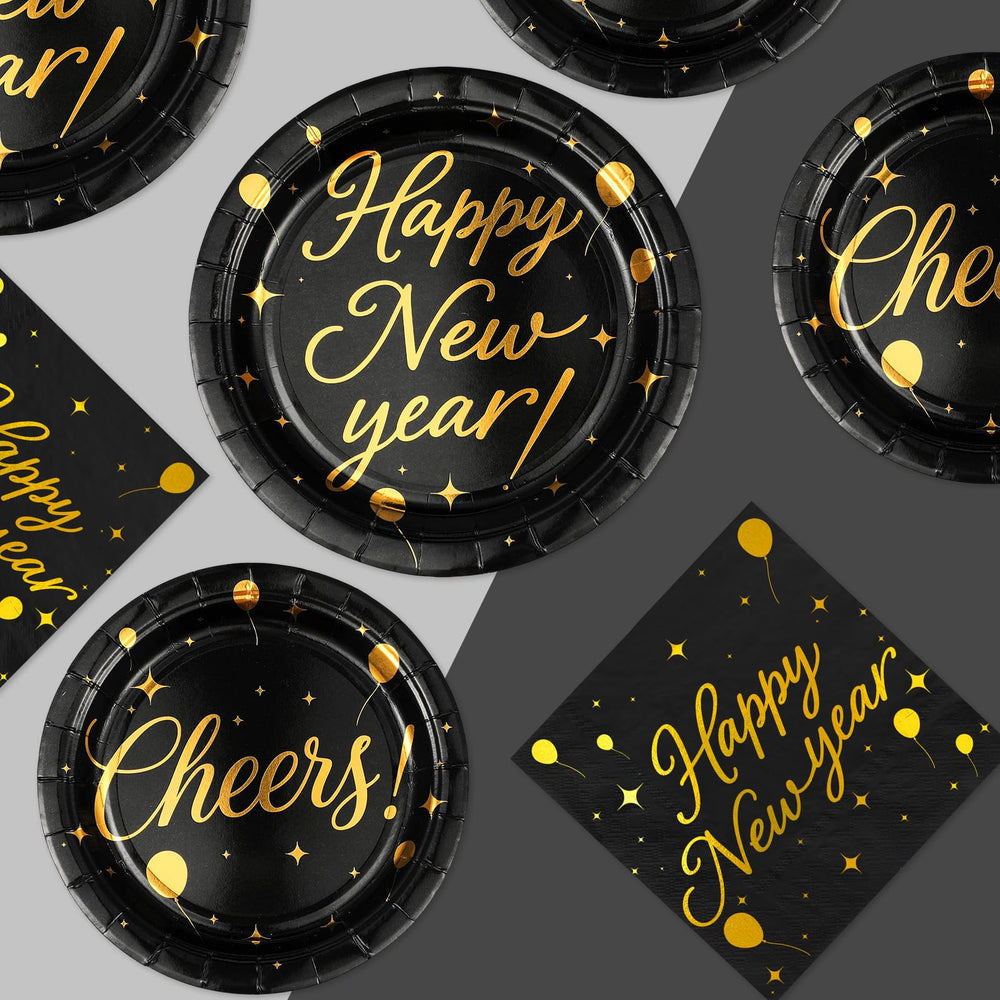 Greencian black gold New Year plates 7-inch, elegant, ideal for appetizers.
