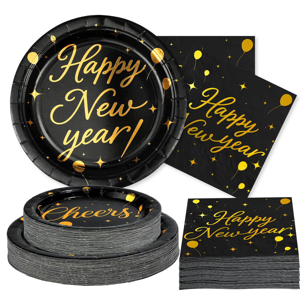 Greencian black gold New Year plates 9-inch, sturdy for festive cake and snacks.