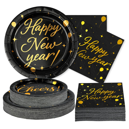 Greencian black gold New Year plates 9-inch, sturdy for festive cake and snacks.