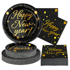 Greencian black gold New Year plates 9-inch, sturdy for festive cake and snacks.