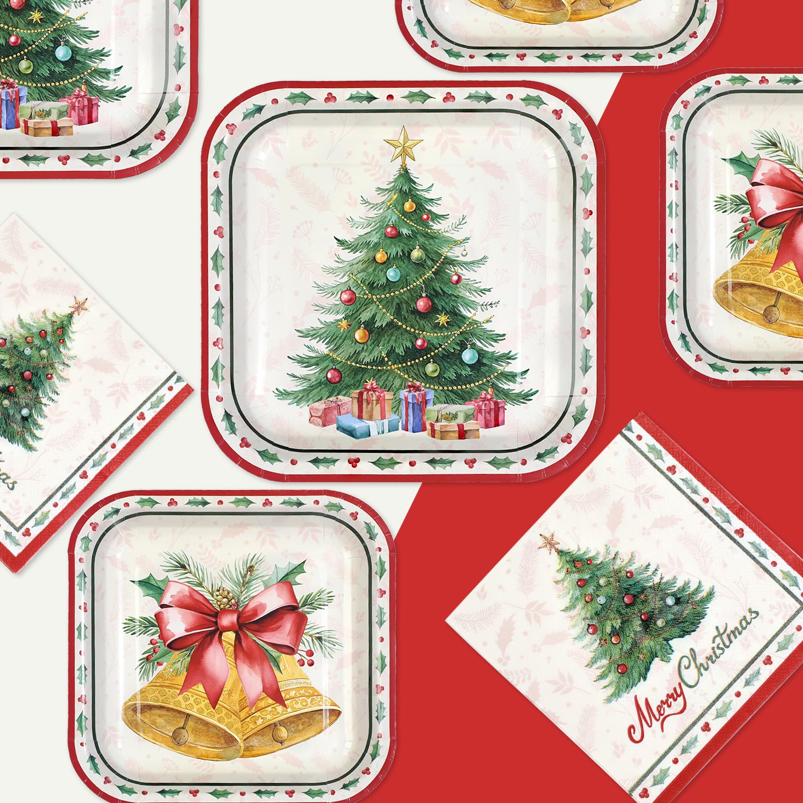 Greencian Christmas tree bell plates 7in, reliable for appetizers and desserts.