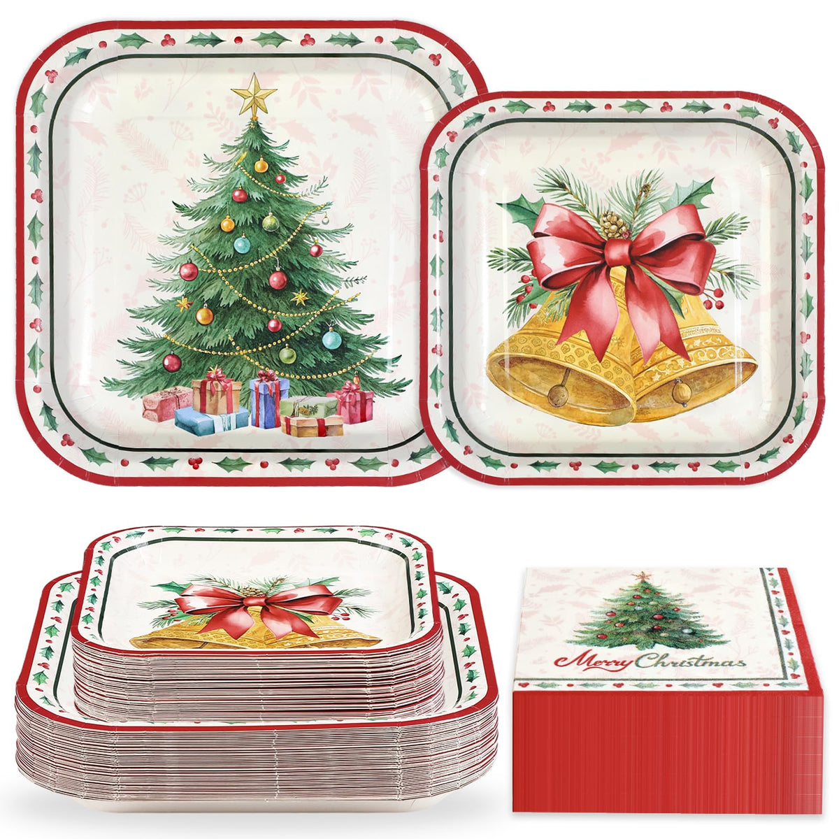Greencian Christmas tree bell plates 9in set, sturdy disposable tableware for festive dining.