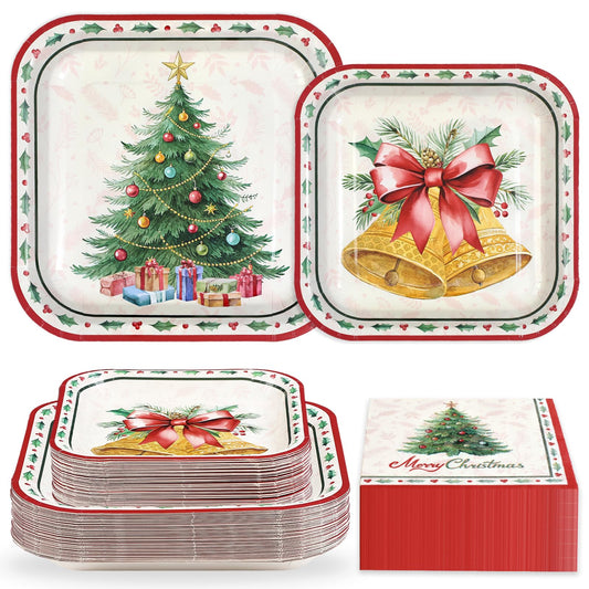 Greencian Christmas tree bell plates 9in set, sturdy disposable tableware for festive dining.