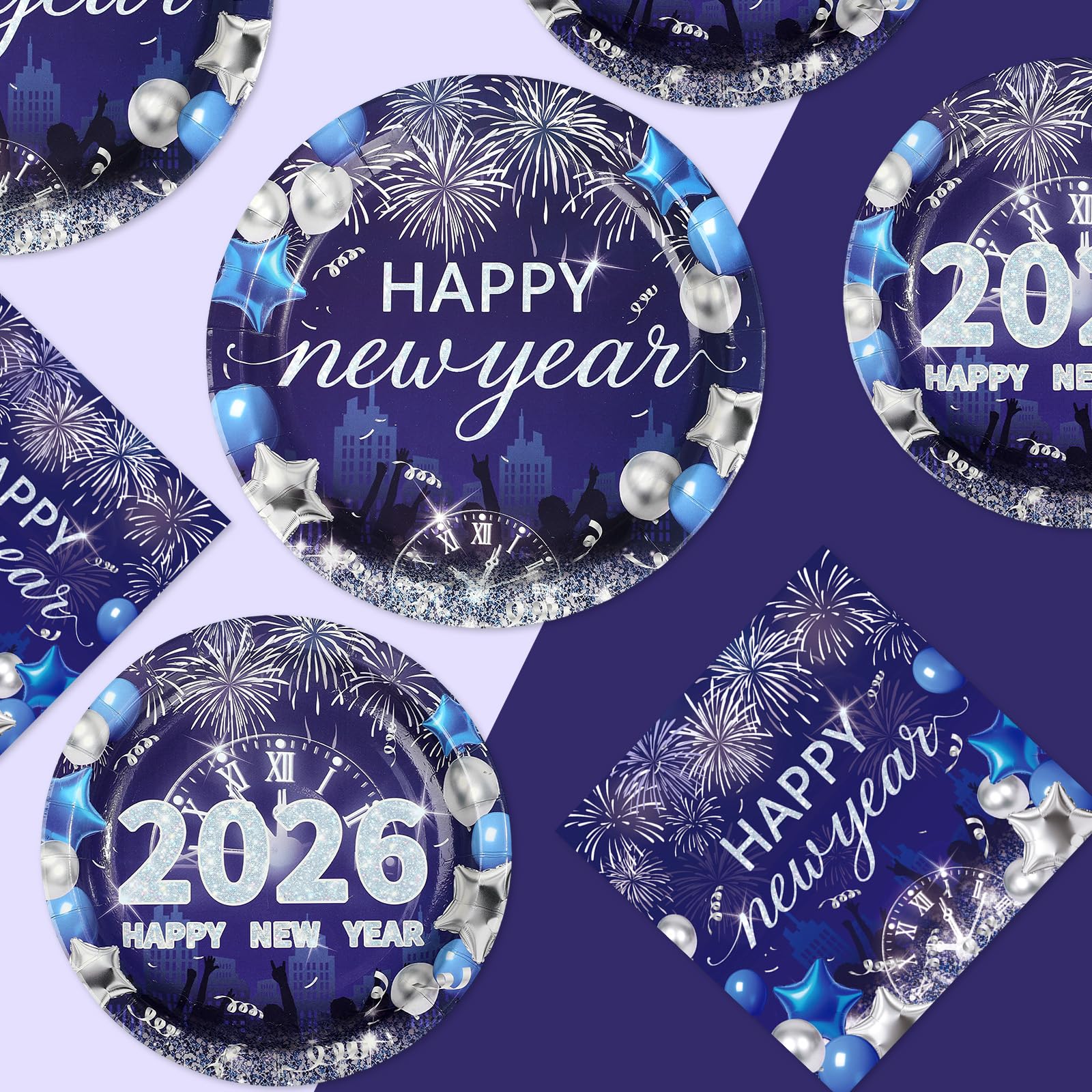 Greencian Happy New Year plates 7-inch blue balloon motif for dessert courses.