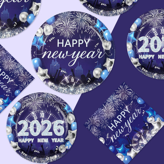 Greencian Happy New Year plates 7-inch blue balloon motif for dessert courses.