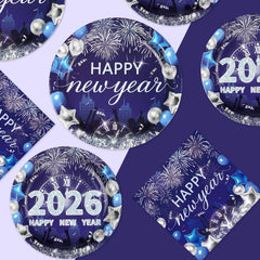 Greencian Happy New Year plates 7-inch blue balloon motif for dessert courses.