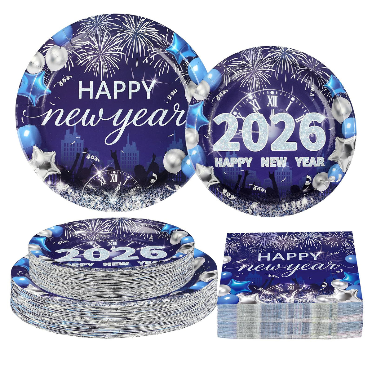 Greencian Happy New Year plates 9-inch with silver fireworks, durable and perfect for countdown dinners.