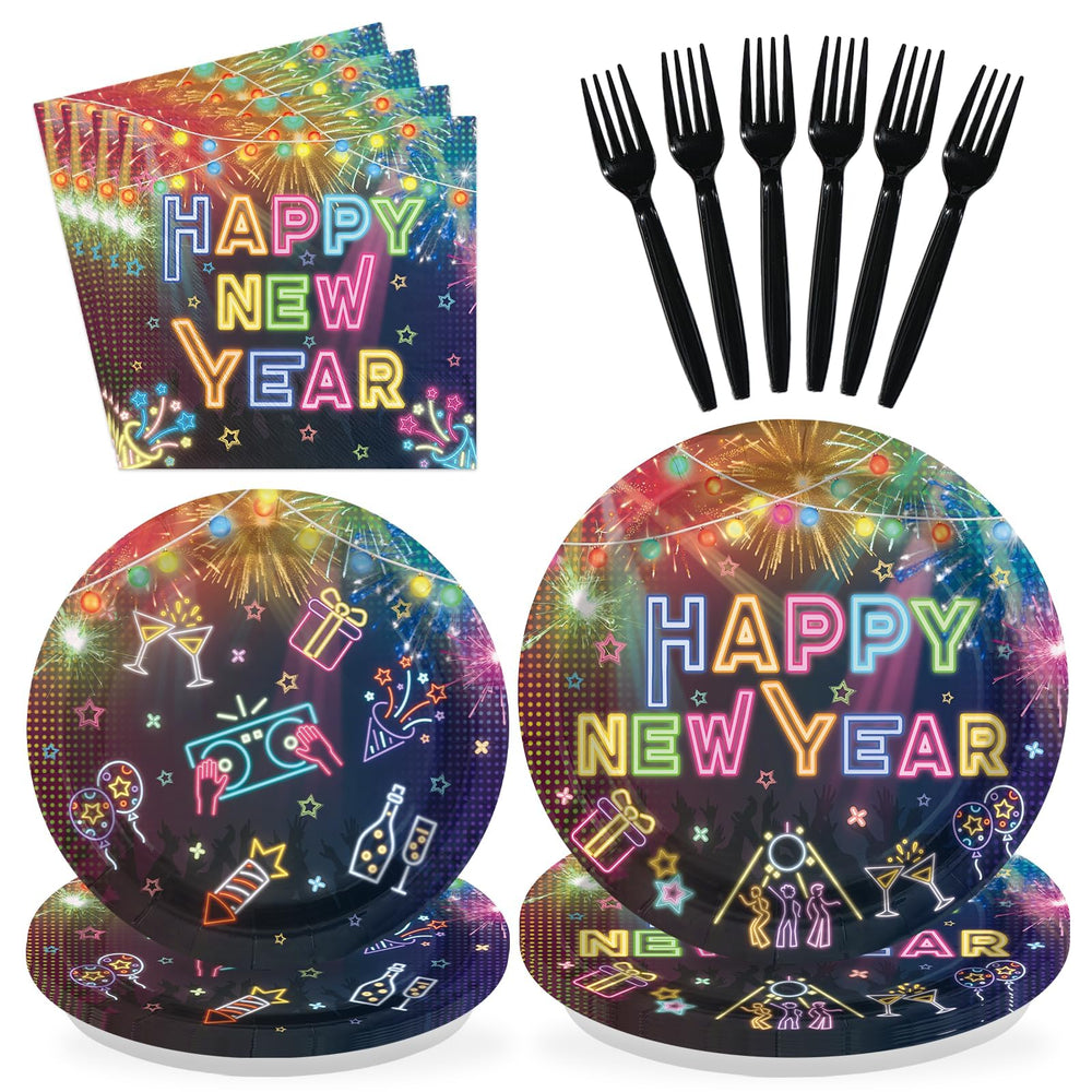Greencian neon New Year dinner plates with fireworks for a festive table