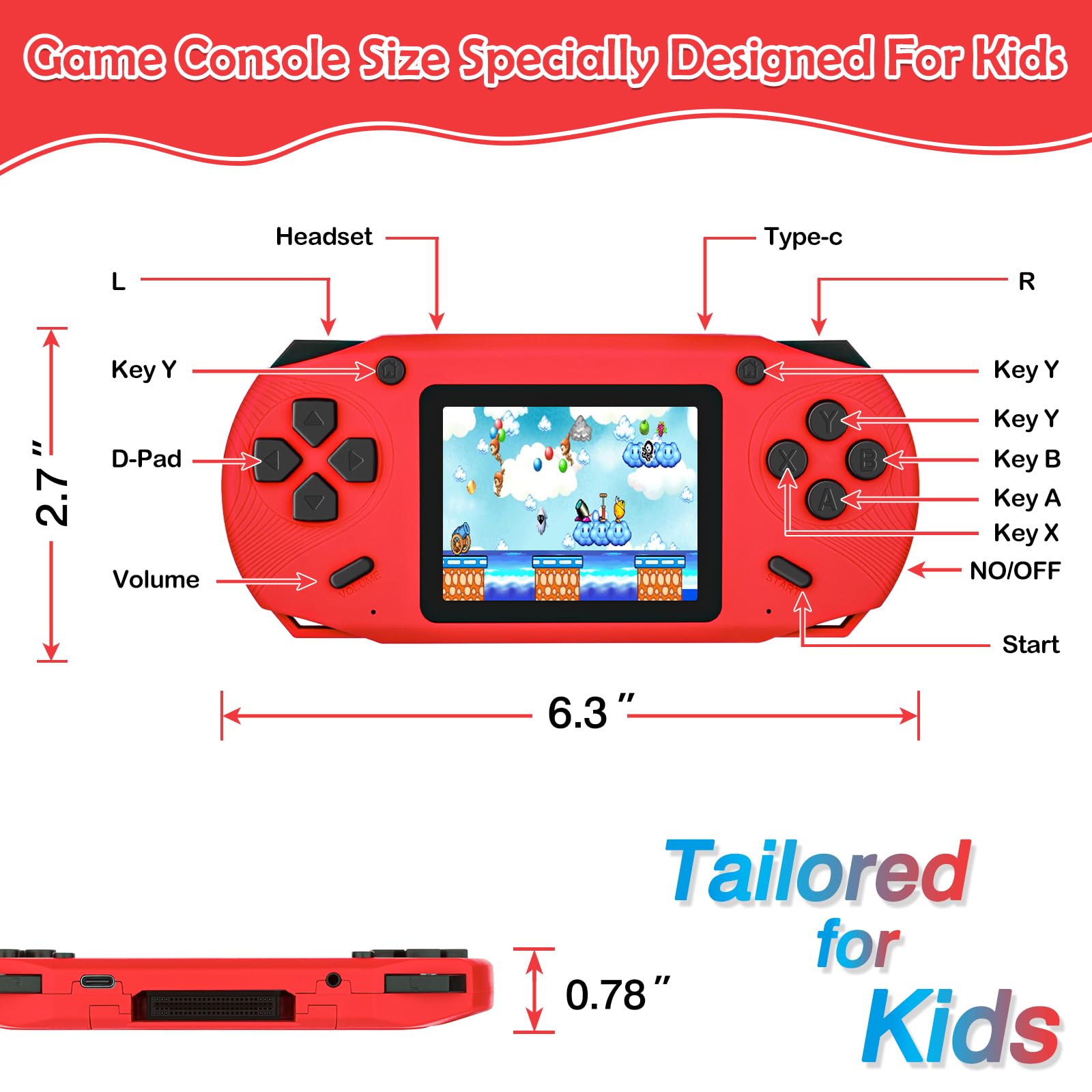 GREENCREEK 16-bit handheld console with 2 cartridges offers varied retro gaming options.