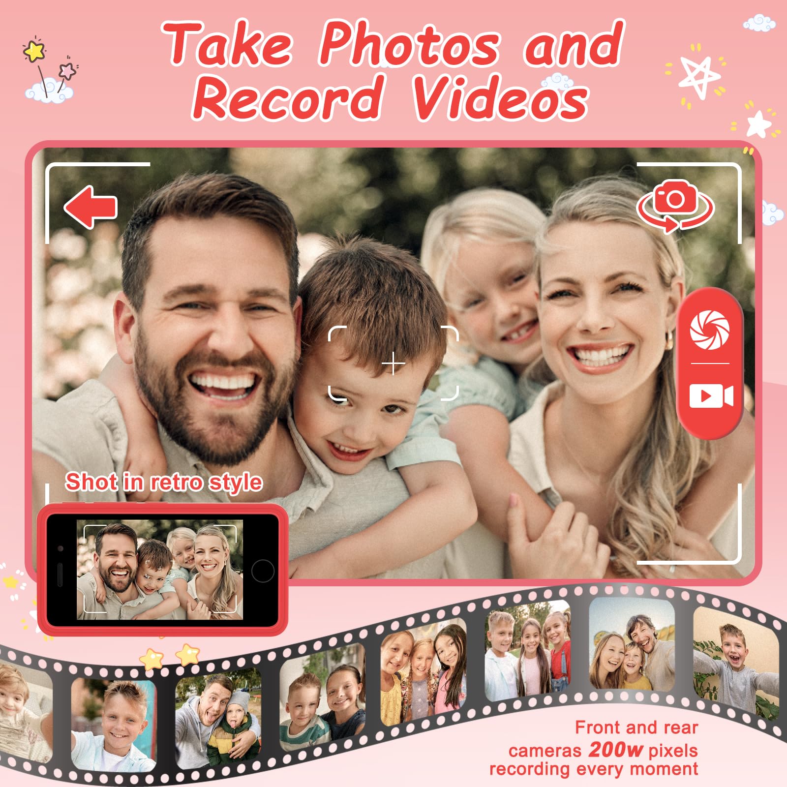 GREENCREEK red dual cameras capturing kid-friendly photos during play