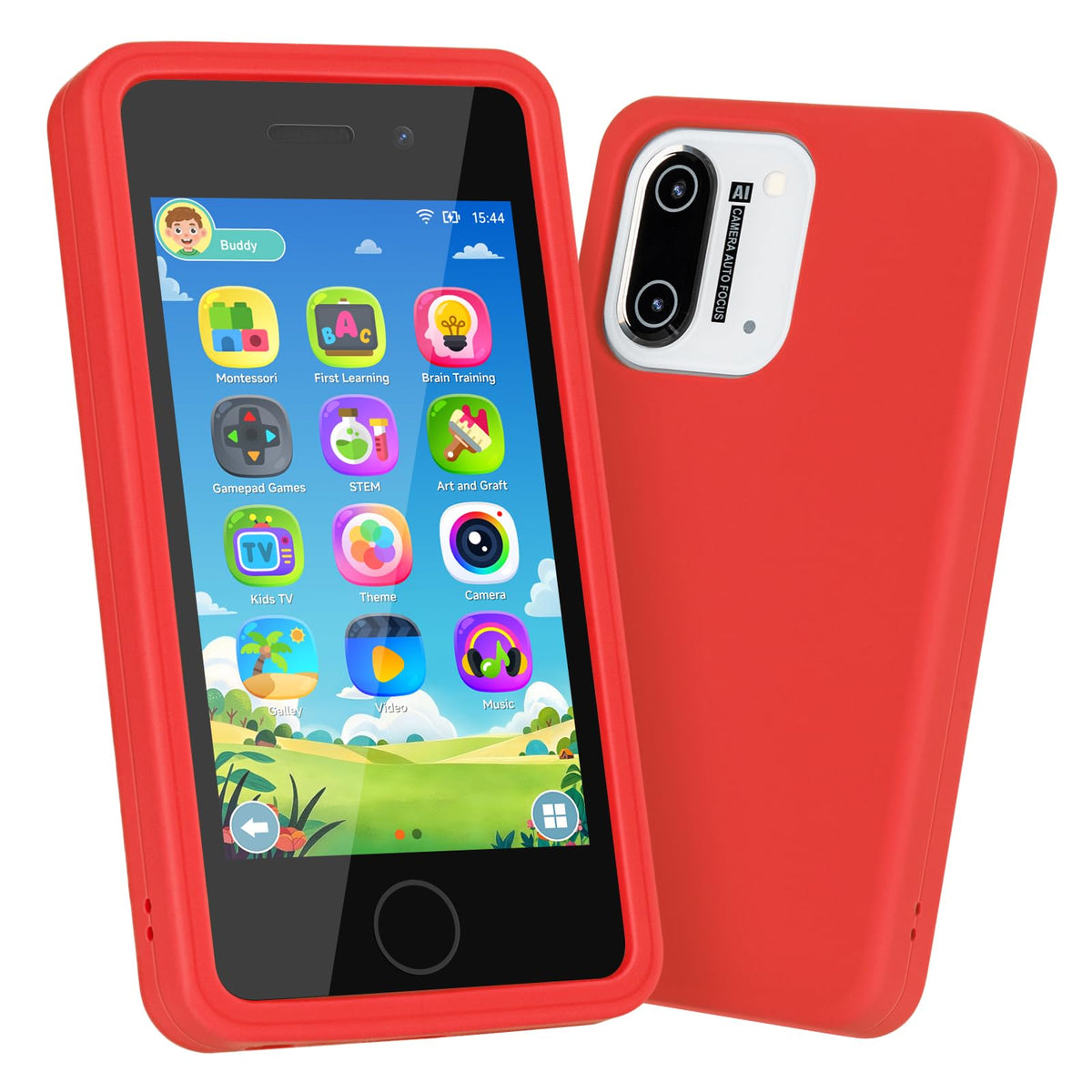 GREENCREEK red kids phone front view with large touchscreen for easy navigation