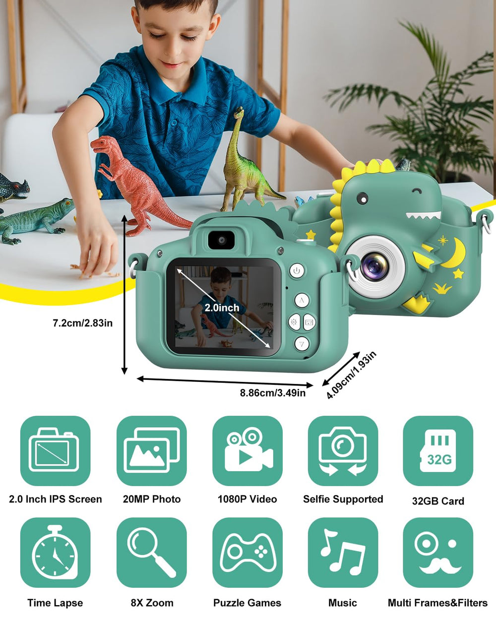 GREENKINDER kids camera back view with simple controls for kids.