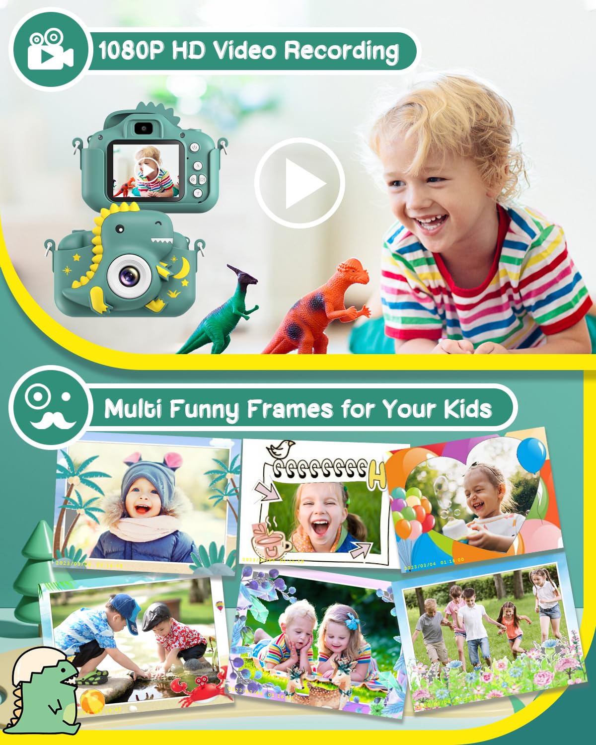 GREENKINDER dinosaur-pattern silicone case protects the camera on adventures.