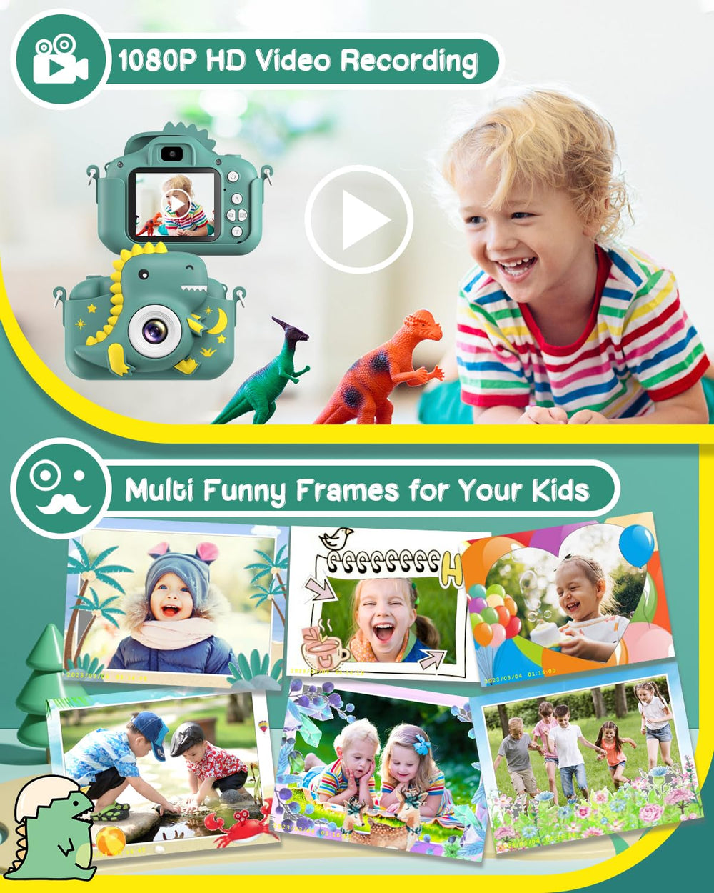 GREENKINDER dinosaur-pattern silicone case protects the camera on adventures.