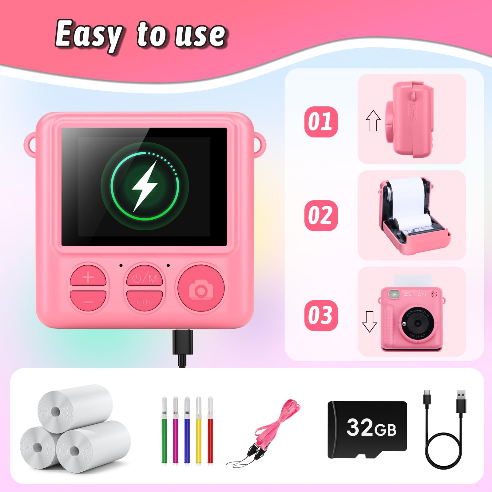 GREENKINDER pink camera with colorful lanyard easy for travel