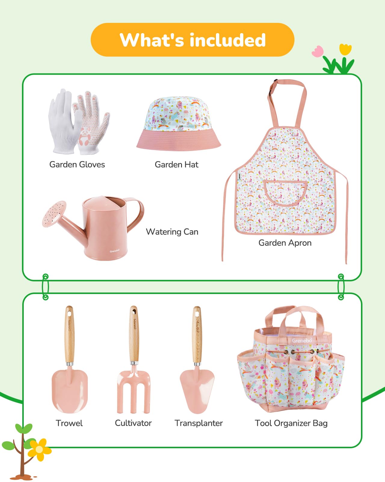Grenebo pink apron protecting clothing during kid-friendly gardening