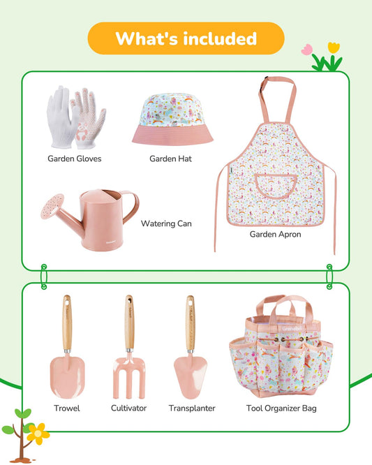Grenebo pink apron protecting clothing during kid-friendly gardening