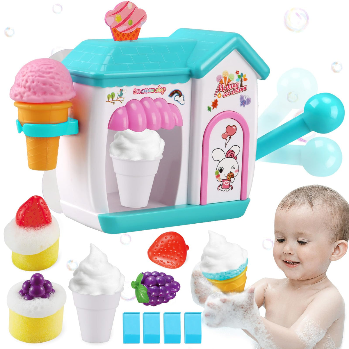 Gretex bubble ice cream maker bath toy shows foamy bubbles to brighten kids' bath time.