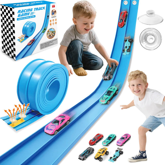 Gretex flexible race track 15ft assembly shows customizable racing layout for kids.