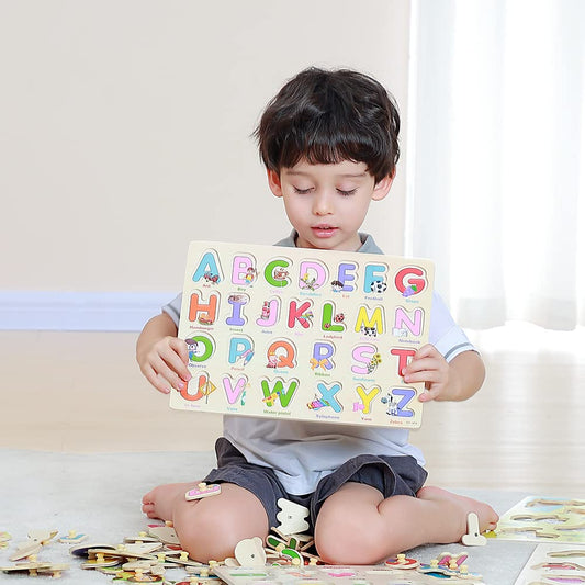 GRINNNIE wooden puzzle letter parts support early language play.