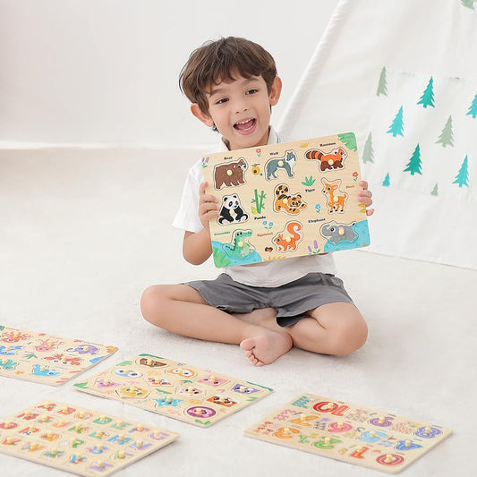 GRINNNIE ABC puzzle supports letter recognition with bright, tactile pegs